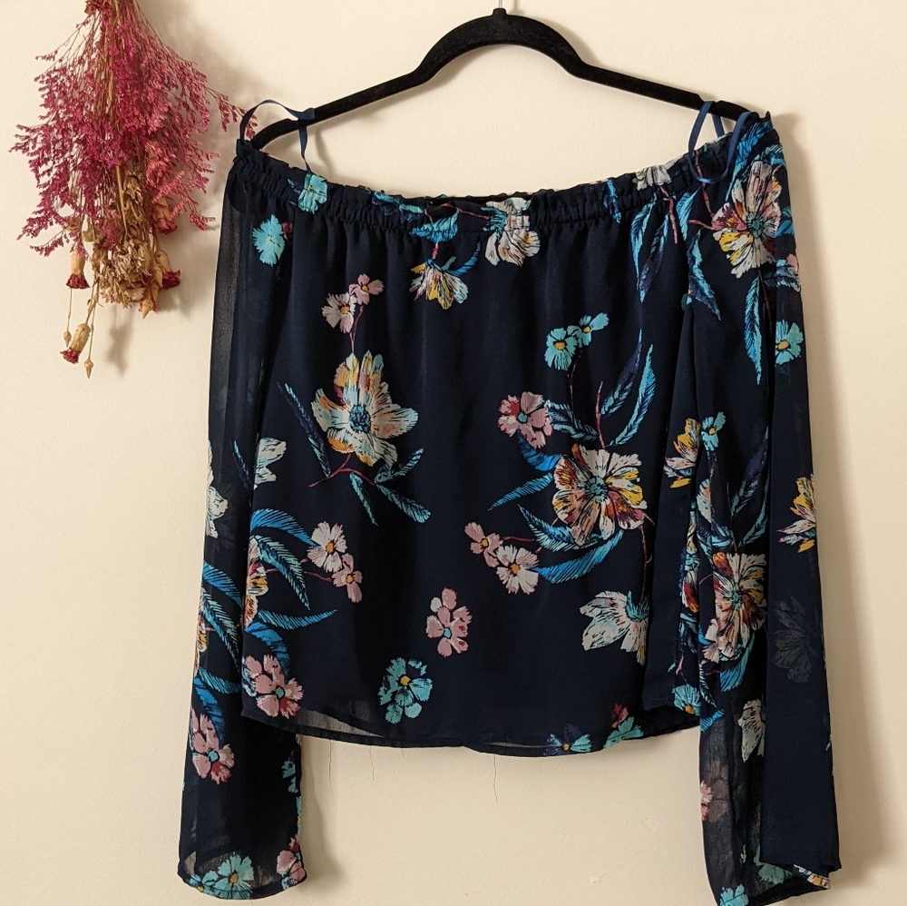 Blue floral off the shoulder blouse